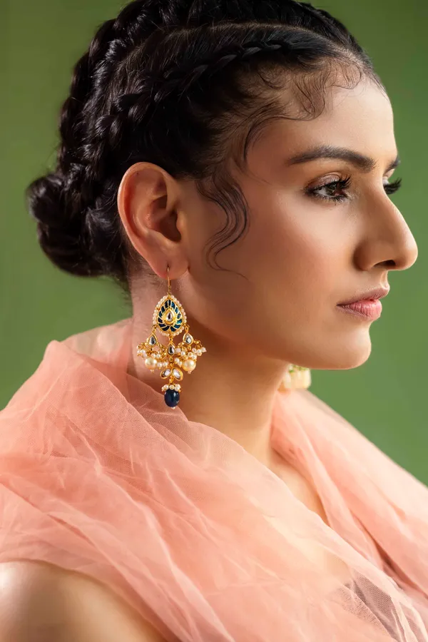 Blue Meena Kundan Earrings with Pearls