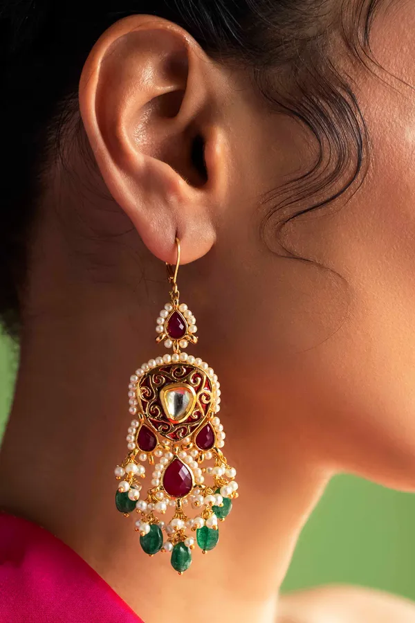 Red Kundan Green Drops With Pearls Earrings