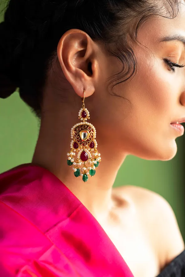 Red Kundan Green Drops With Pearls Earrings