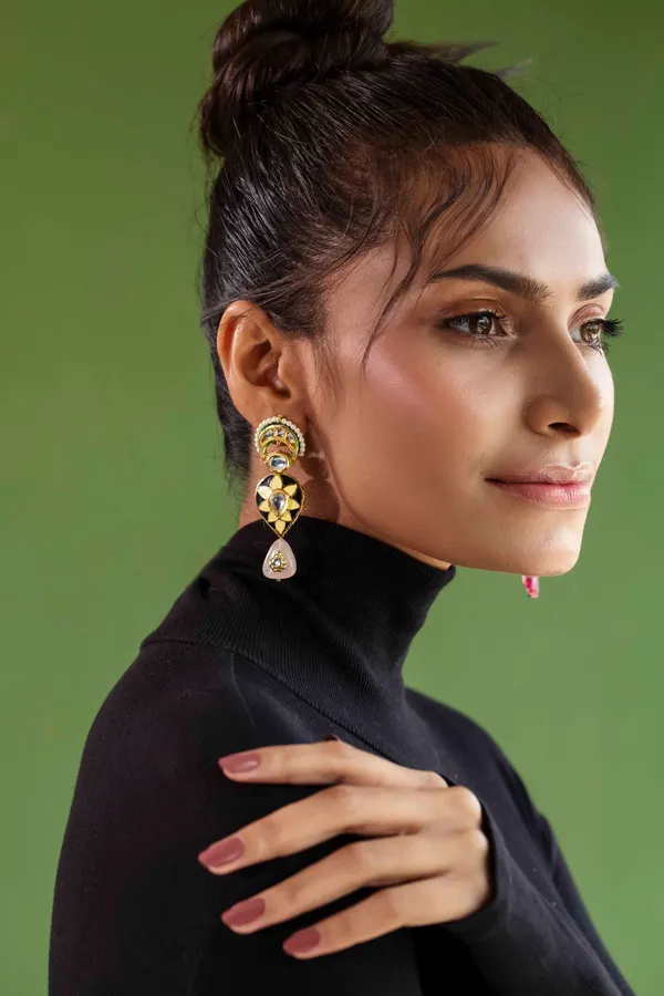 Black Enamel Kundan Rose Quartz Drop Earrings