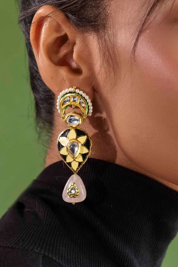 Black Enamel Kundan Rose Quartz Drop Earrings