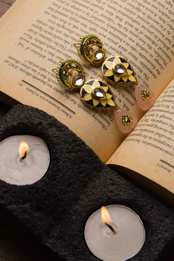 Black Enamel Kundan Rose Quartz Drop Earrings