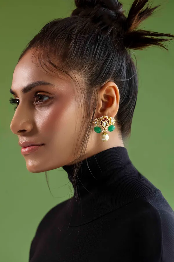 Red Kundan With Emerald and Pearl Drops Earrings