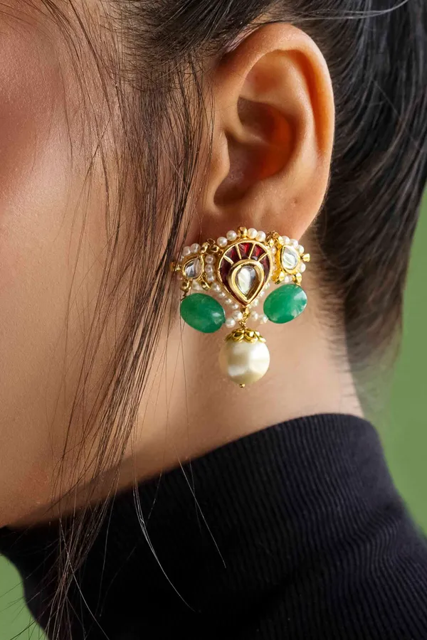 Red Kundan With Emerald and Pearl Drops Earrings