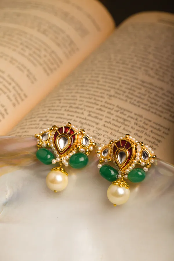 Red Kundan With Emerald and Pearl Drops Earrings