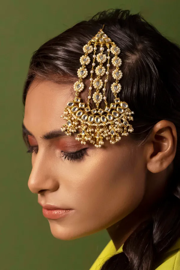 Gold & White Kundan Biya Pearls Passa