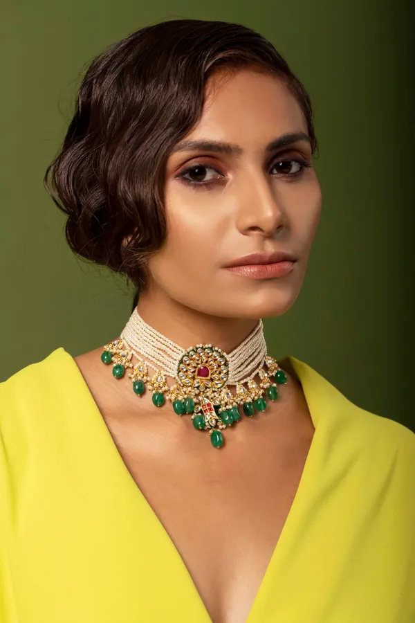 Red Kundan Fish Emerald Drops Choker Necklace