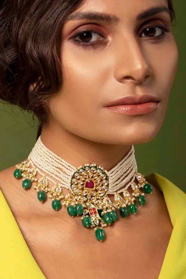 Red Kundan Fish Emerald Drops Choker Necklace