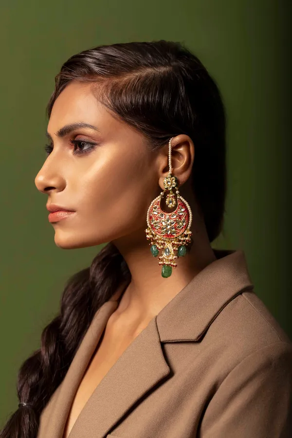 Red Meena Kundan Green Drops Chandbali