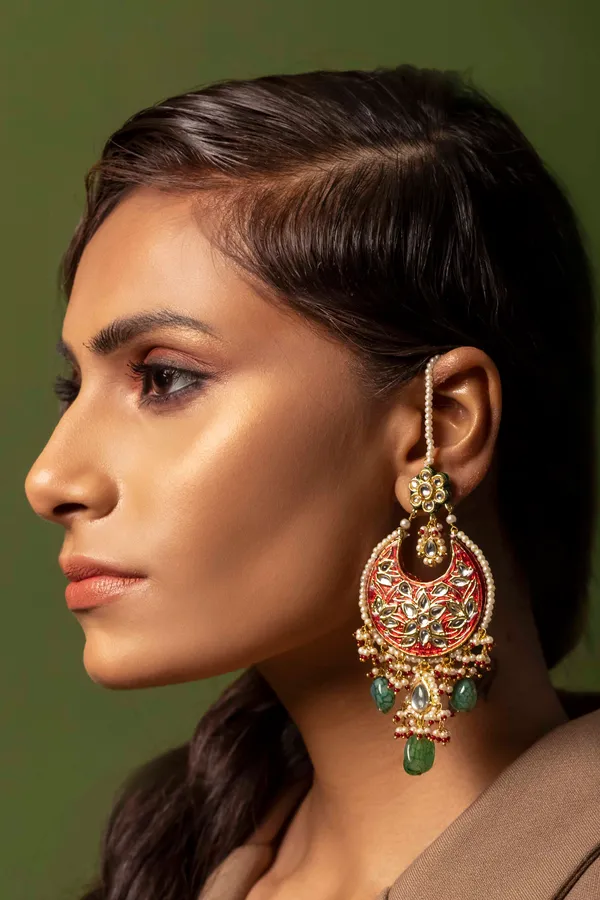 Red Meena Kundan Green Drops Chandbali