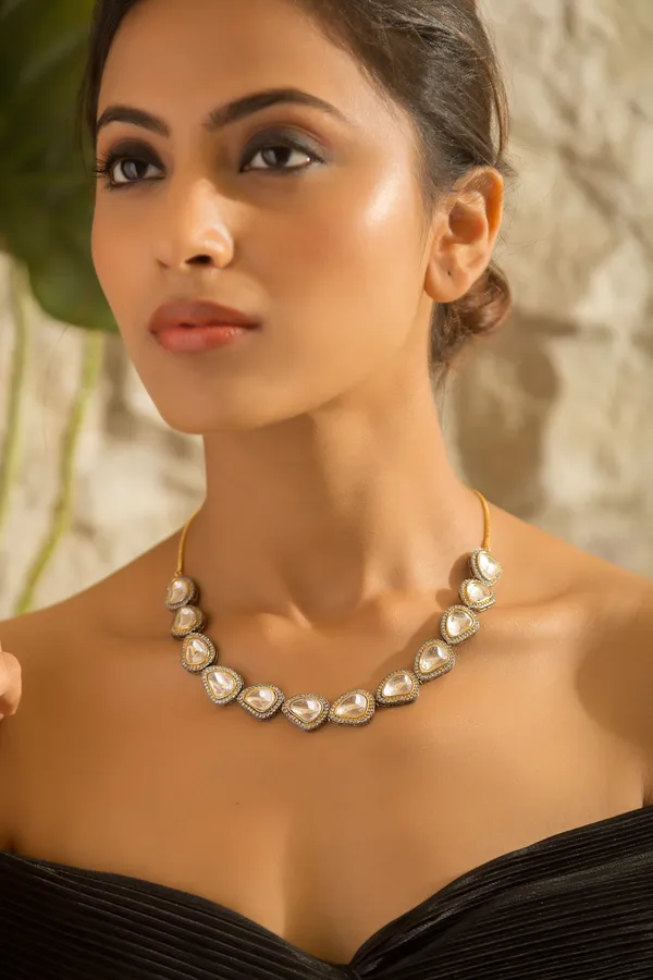 Silver & Gold Zirconia Necklace With Gold Chain