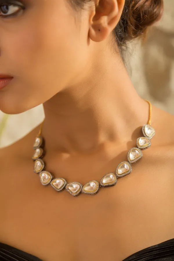 Silver & Gold Zirconia Necklace With Gold Chain