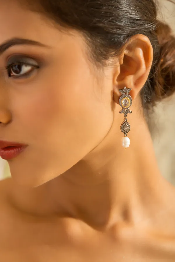 Gold & Silver Zirconia Earrings With White Pearl