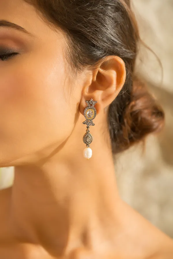 Gold & Silver Zirconia Earrings With White Pearl