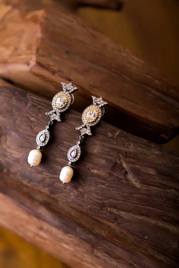 Gold & Silver Zirconia Earrings With White Pearl