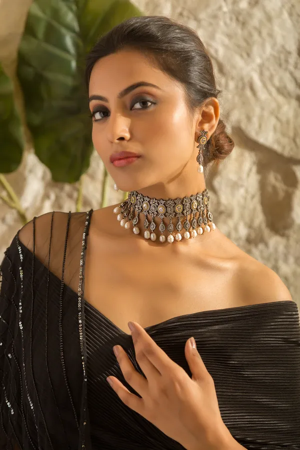 Statement Gold & Silver Zirconia Necklace With White Pearl