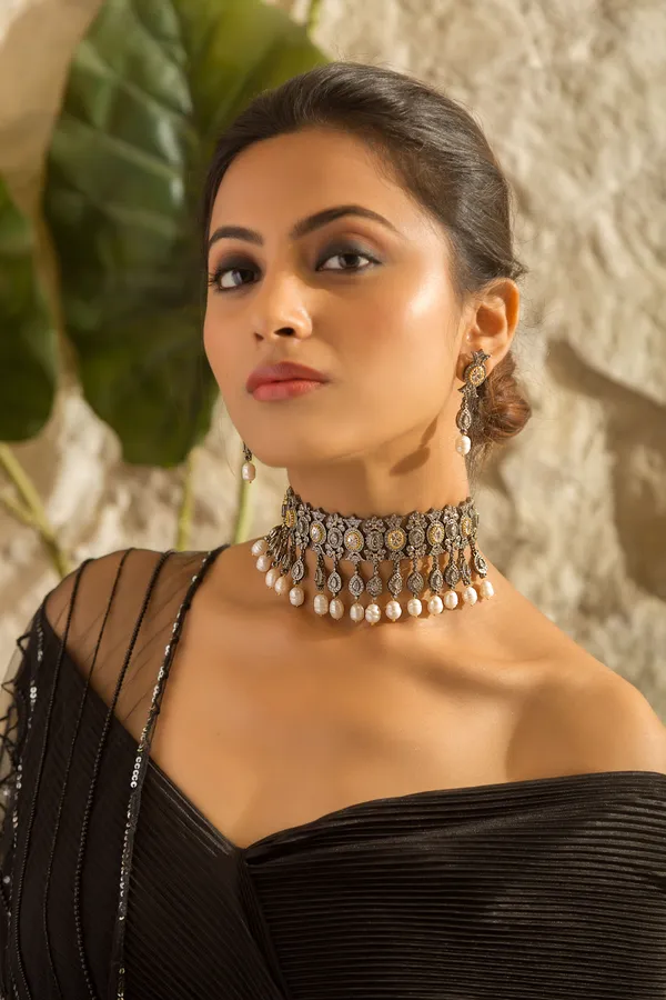 Statement Gold & Silver Zirconia Necklace With White Pearl