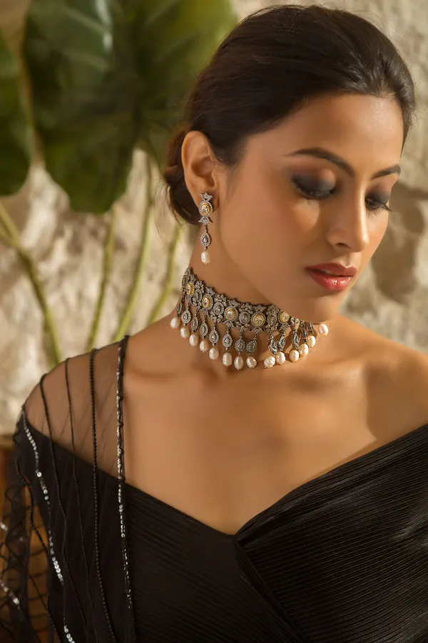 Statement Gold & Silver Zirconia Necklace With White Pearl