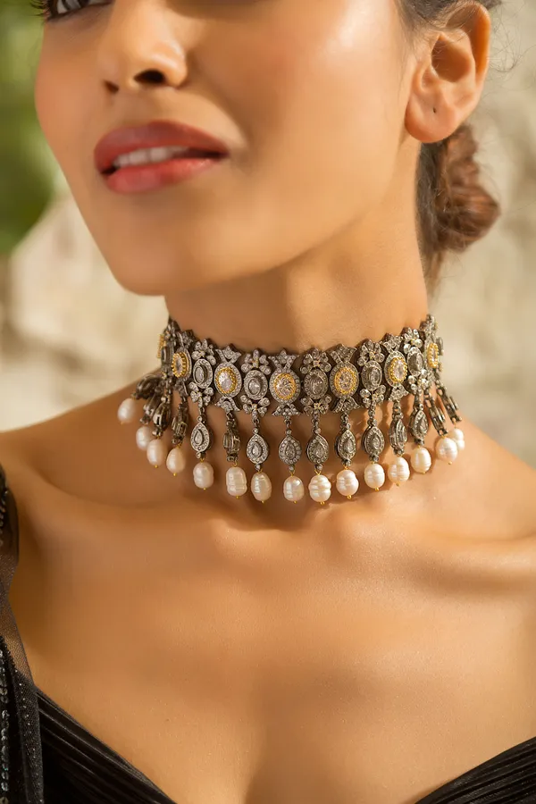 Statement Gold & Silver Zirconia Necklace With White Pearl