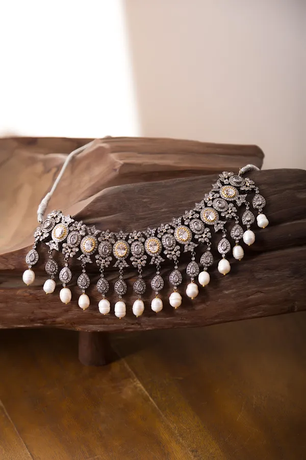 Statement Gold & Silver Zirconia Necklace With White Pearl