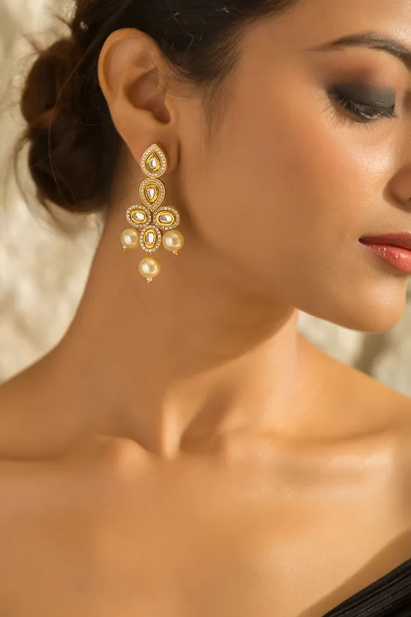 Gold & Silver Petal Zirconia Earrings With Pearls