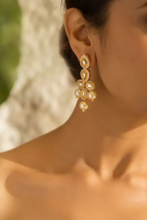Gold & Silver Petal Zirconia Earrings With Pearls