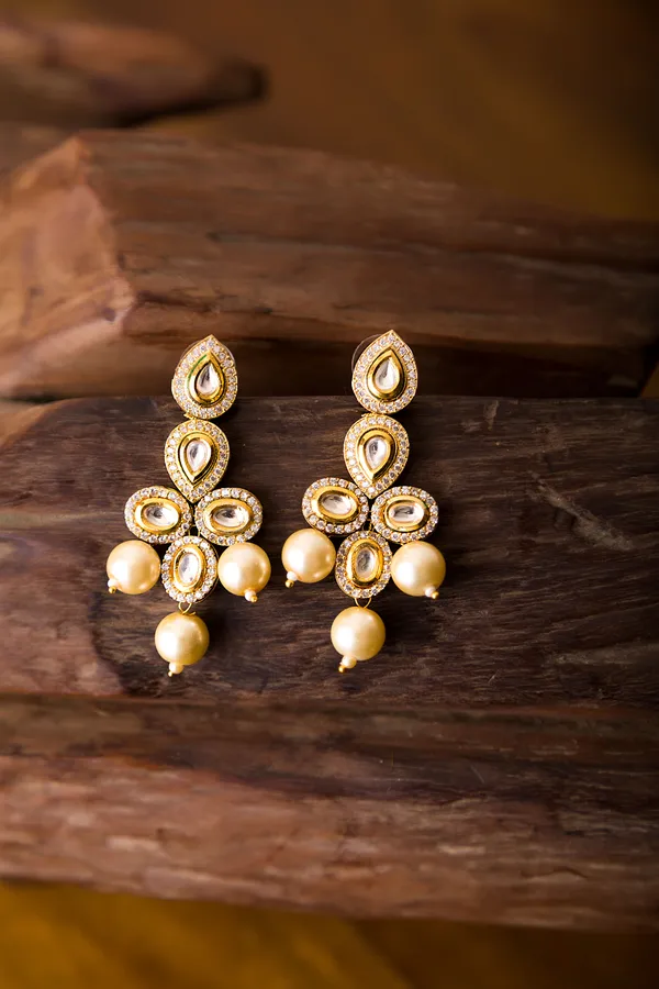 Gold & Silver Petal Zirconia Earrings With Pearls