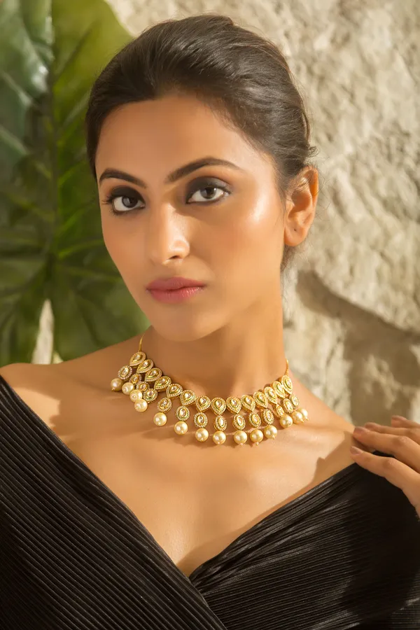 Gold & Silver Petal Zirconia Necklace With Pearls