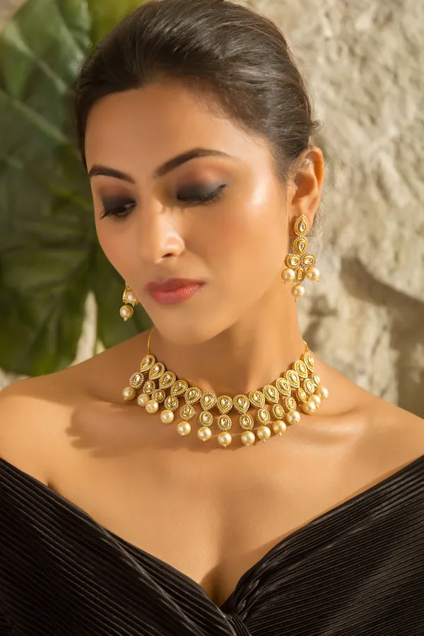 Gold & Silver Petal Zirconia Necklace With Pearls