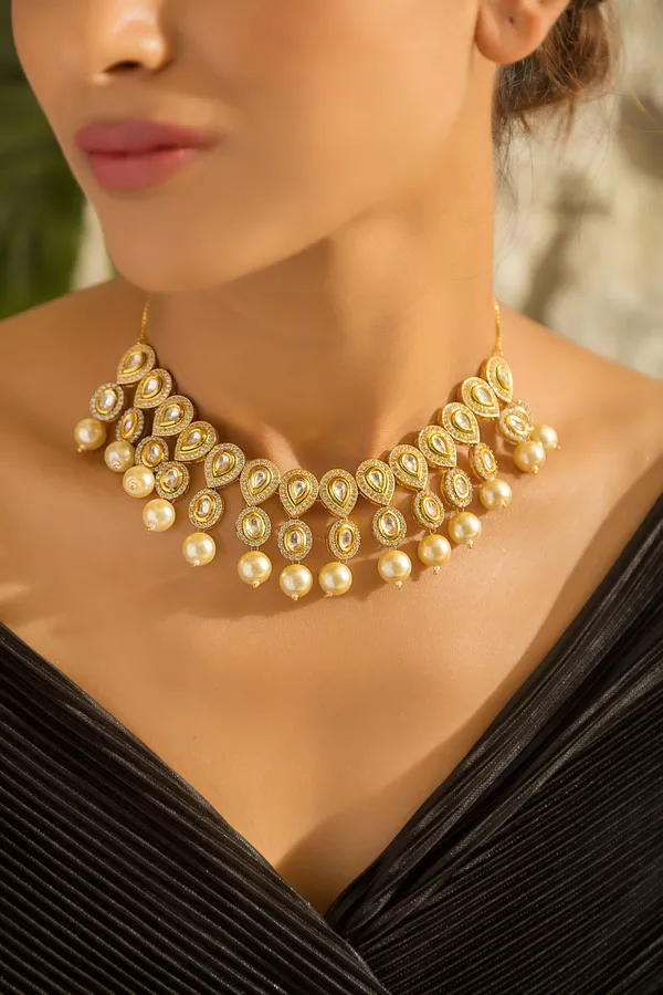 Gold & Silver Petal Zirconia Necklace With Pearls