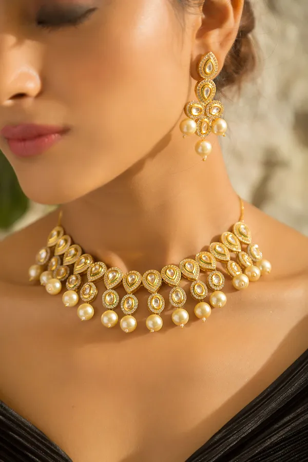 Gold & Silver Petal Zirconia Necklace With Pearls