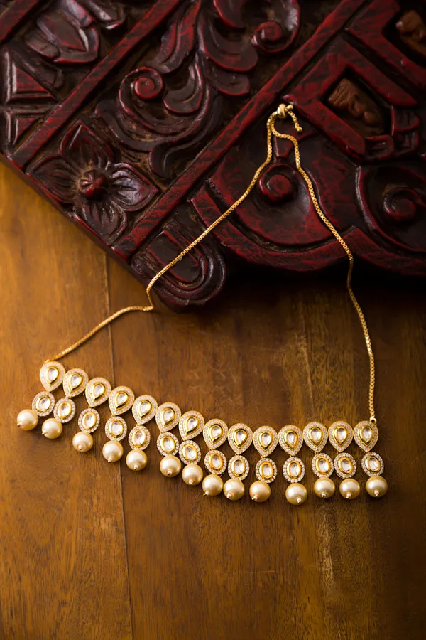 Gold & Silver Petal Zirconia Necklace With Pearls