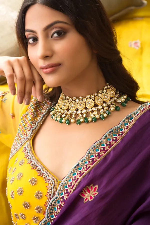 Statement Gold & White Necklace With Green Drops & Pearls