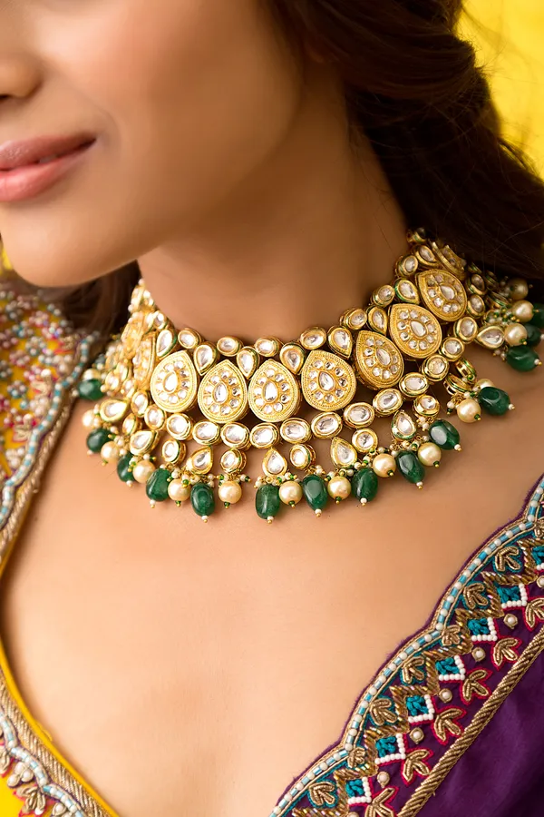 Statement Gold & White Necklace With Green Drops & Pearls