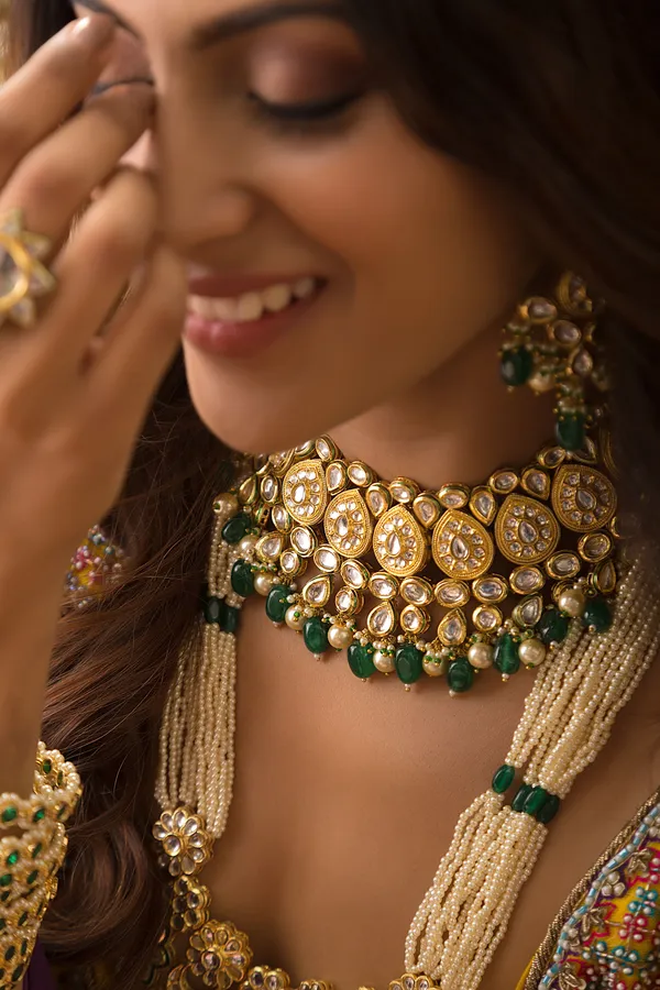 Statement Gold & White Necklace With Green Drops & Pearls