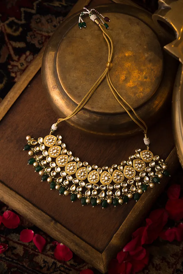 Statement Gold & White Necklace With Green Drops & Pearls
