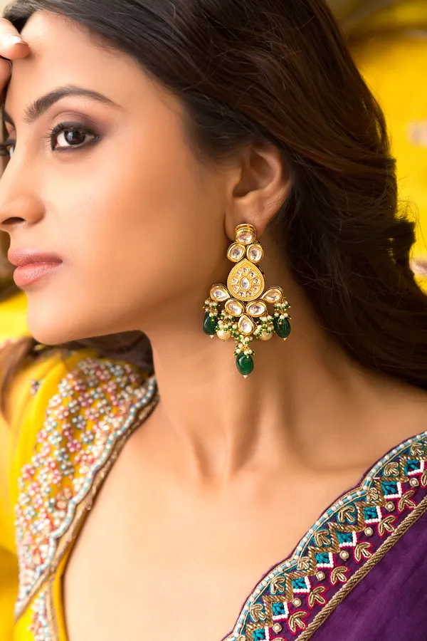 Statement Gold & White Earrings With Green Drops & Pearls