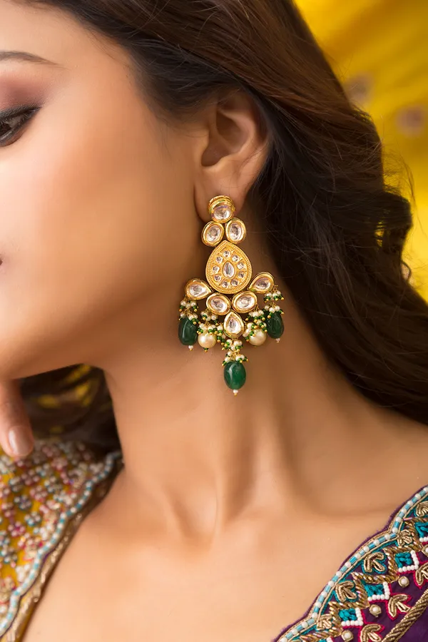 Statement Gold & White Earrings With Green Drops & Pearls