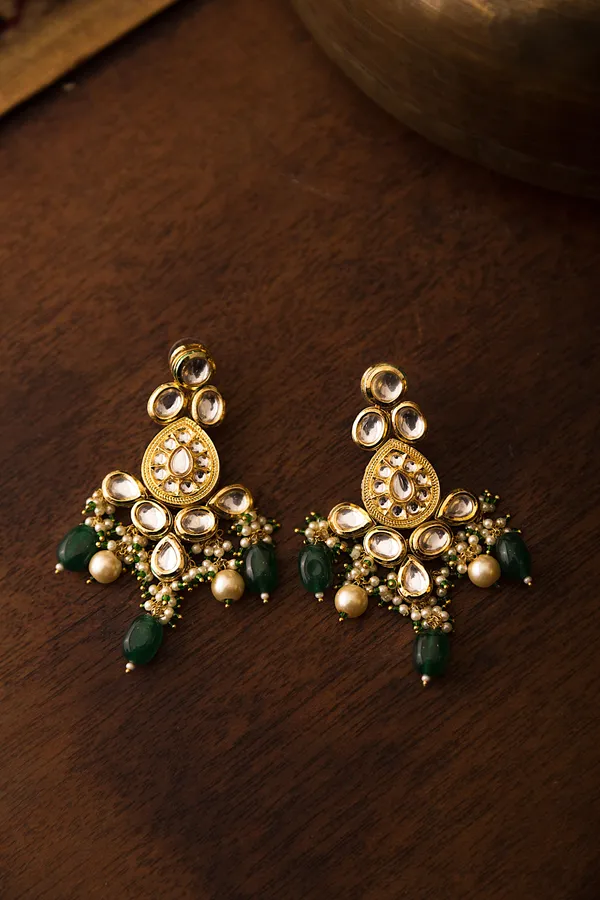 Statement Gold & White Earrings With Green Drops & Pearls