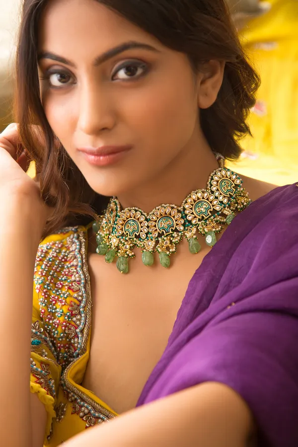 Gold & Feroza Meena Kundan Necklace With Green Drops