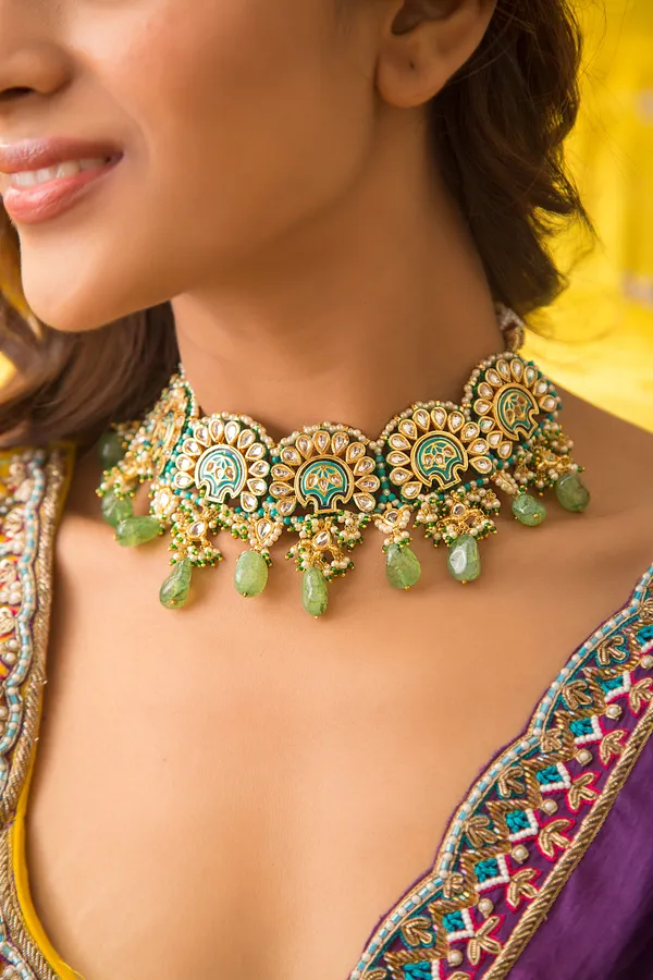 Gold & Feroza Meena Kundan Necklace With Green Drops