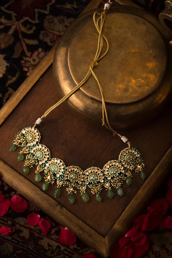 Gold & Feroza Meena Kundan Necklace With Green Drops