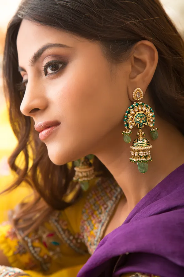Gold & Feroza Meena Kundan Jhumki Earrings With Green Drops