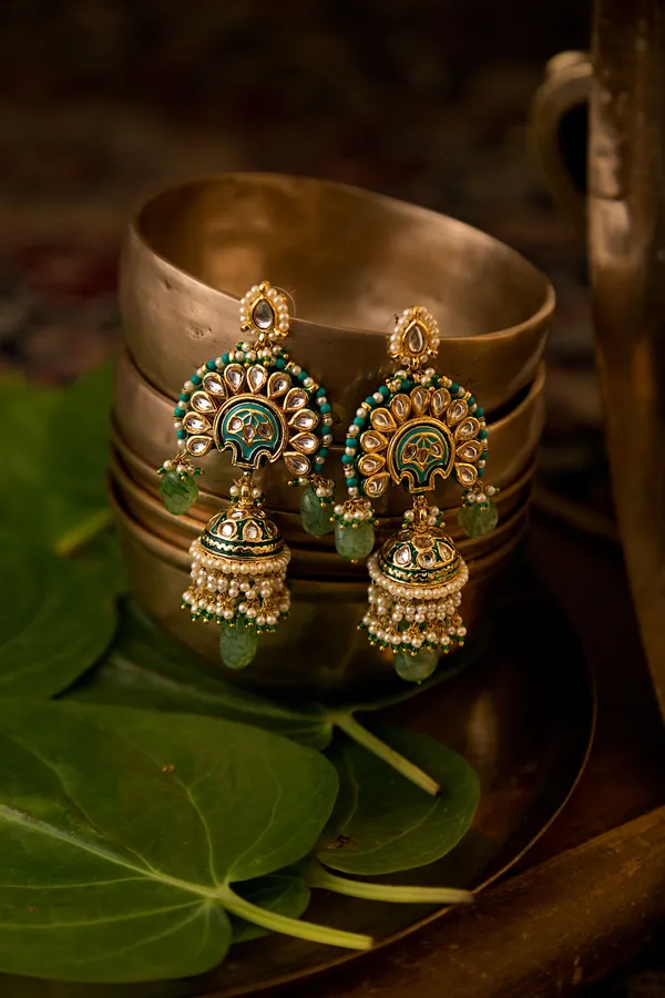 Gold & Feroza Meena Kundan Jhumki Earrings With Green Drops