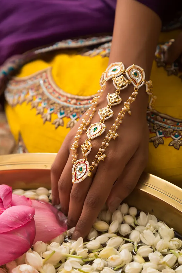 Green Kundan Red Meena Gold Haathphool