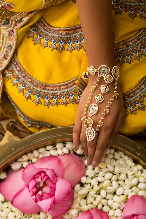 Green Kundan Red Meena Gold Haathphool