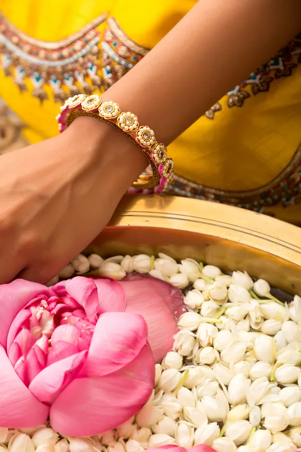 Golden Flower Kundan Bangle With Pearls