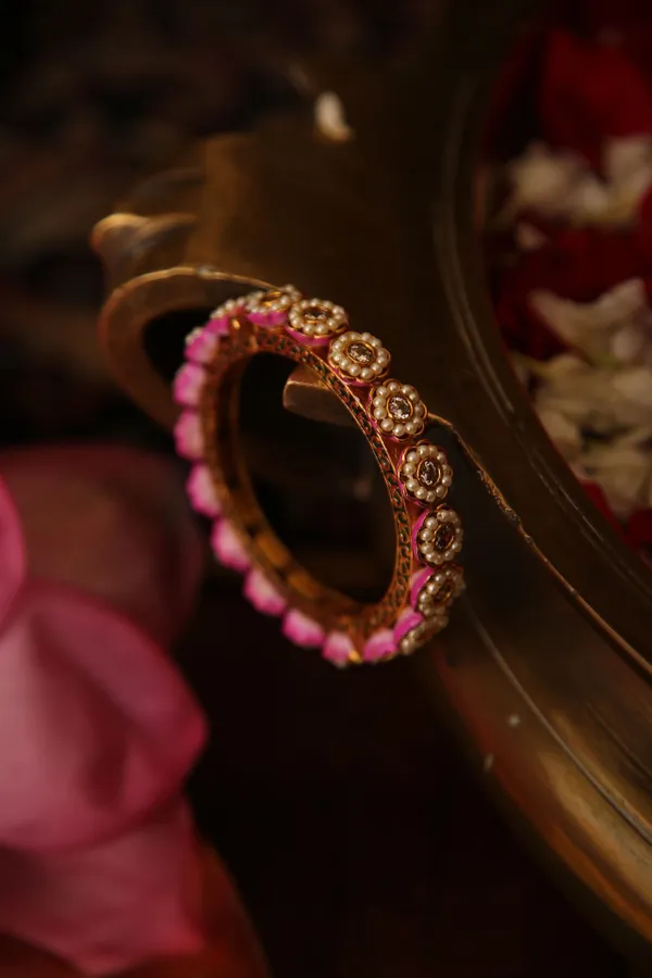Golden Flower Kundan Bangle With Pearls