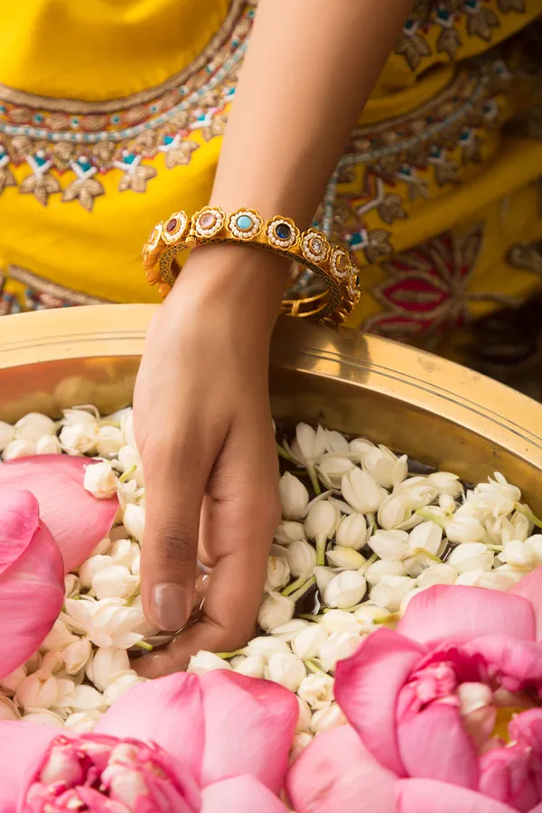 Multi Color Golden Kundan Bangle With Pearls