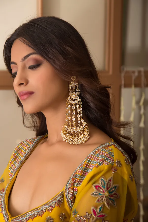 Golden Kundan Chand Pearl Earrings